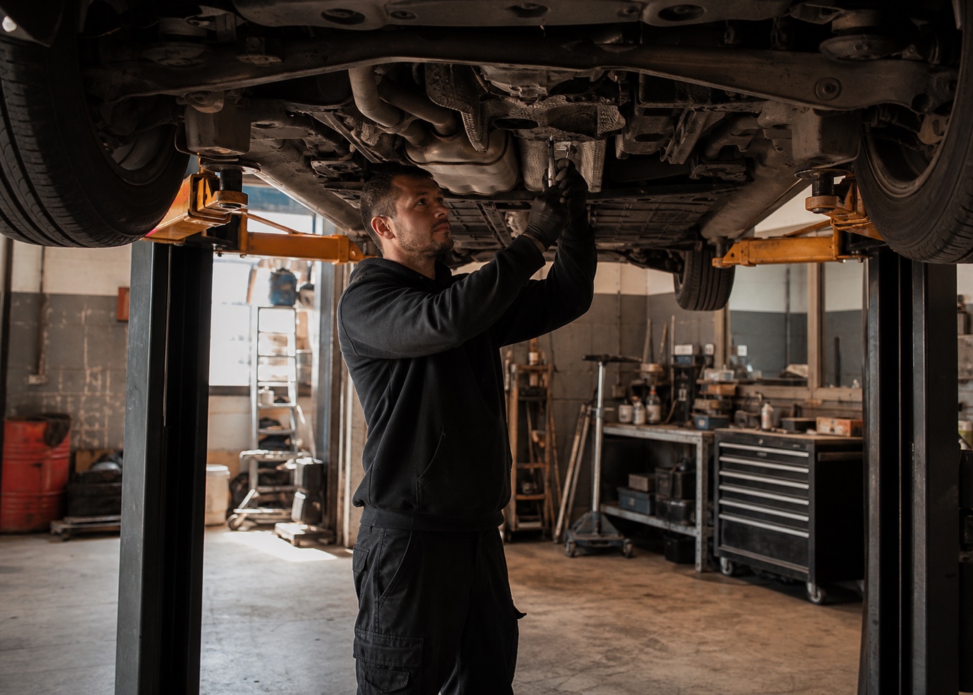 A mechanic working underneath a vehicle in a professional garage.