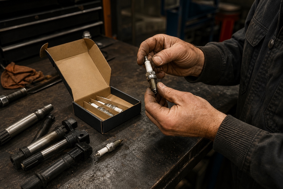 Ignition components being examined on a workshop bench.