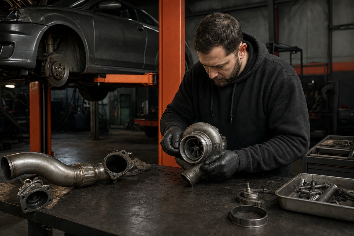 Automotive performance components arranged for inspection.