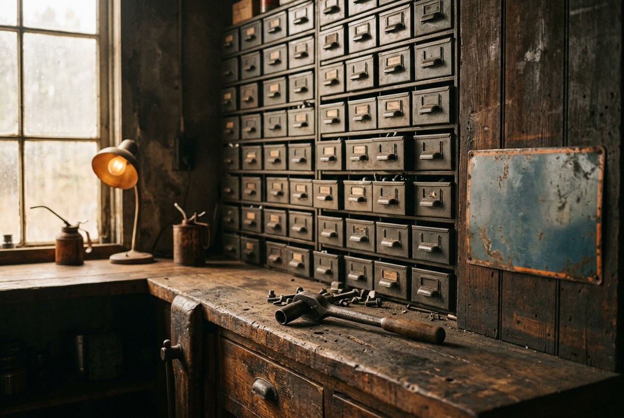 A vintage corner auto-parts garage